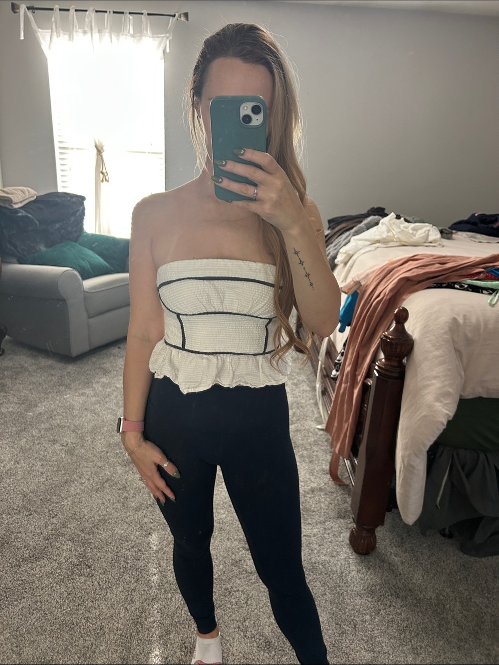 Free People White Strapless Smocked Top with Black Trim